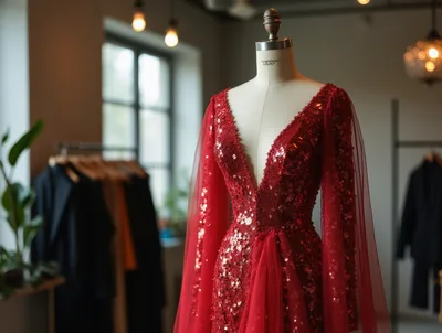 Red Sequin Evening Gown On A Tailor Mannequin