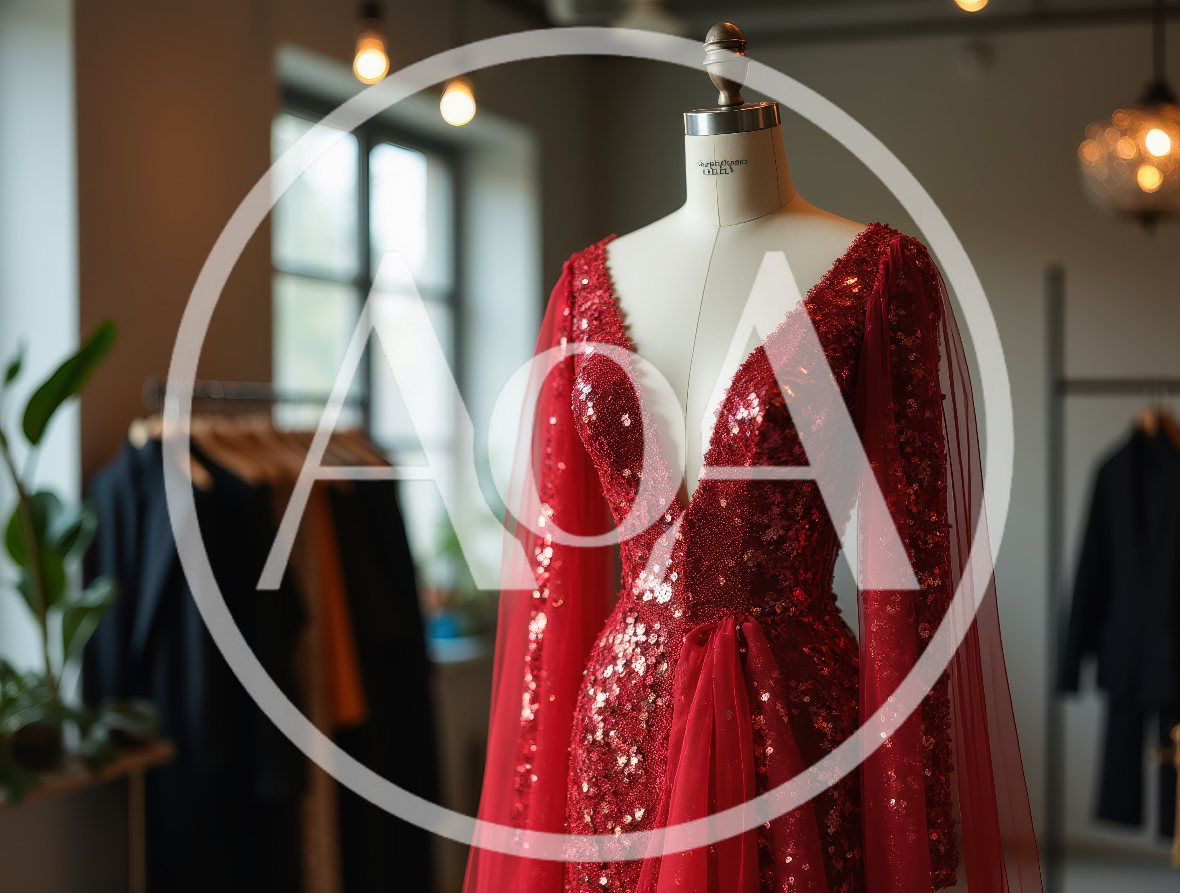 Red Sequin Evening Gown On A Tailor Mannequin