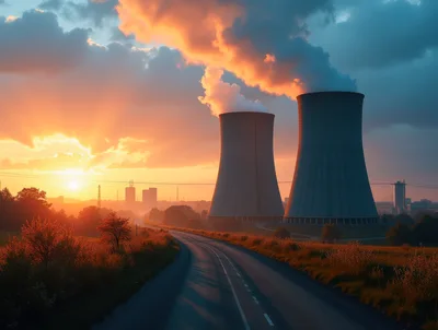 Nuclear Power Plant Cooling Towers At Sunset