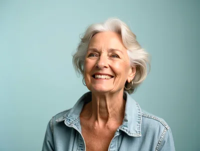 Smiling Senior Woman With Silver Hair In Denim Jacket