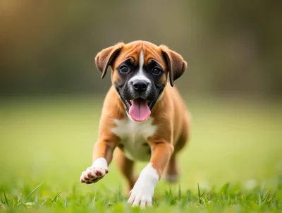 Happy Boxer Puppy Running Through Green Grass