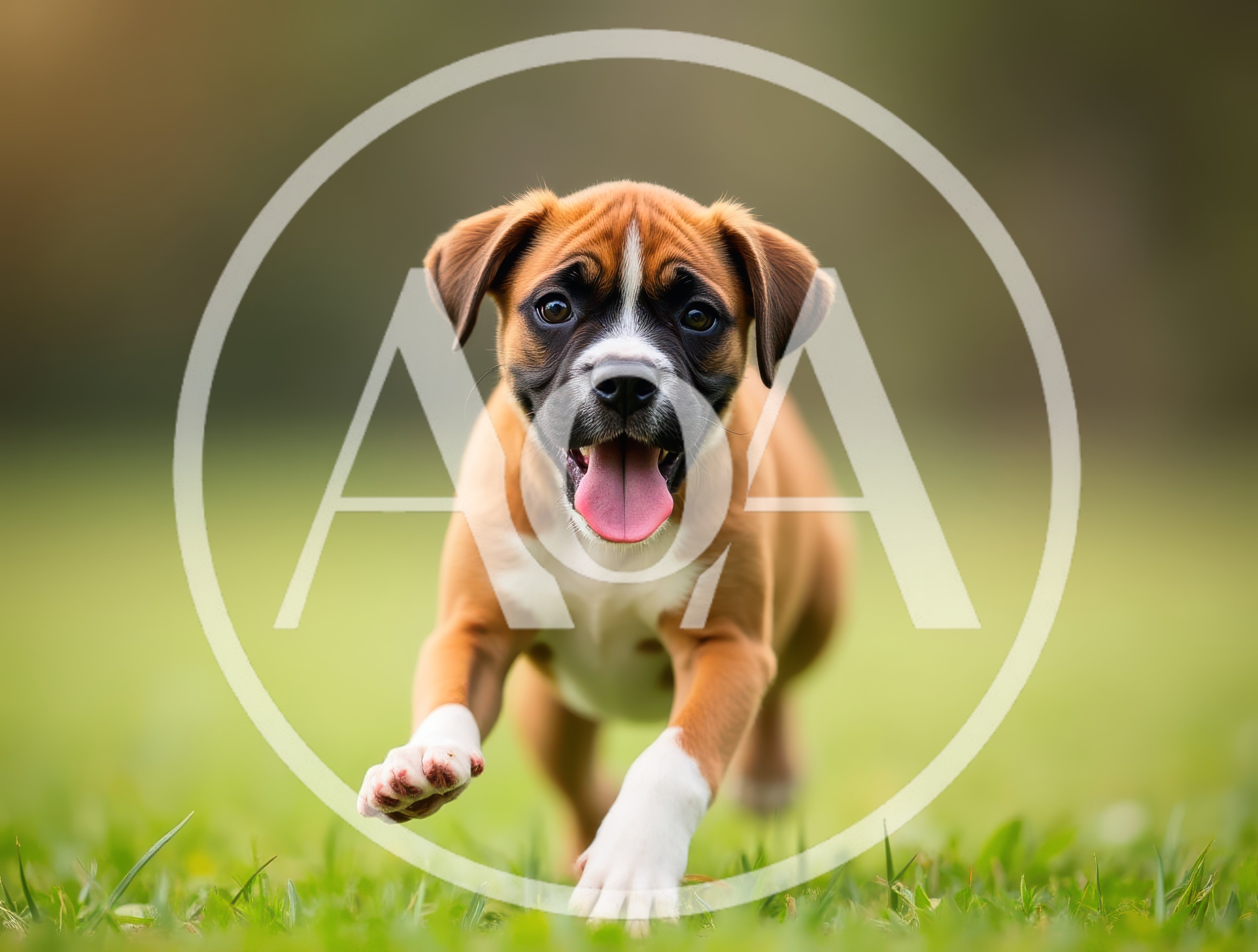 Happy Boxer Puppy Running Through Green Grass