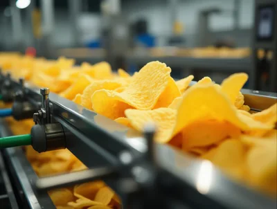 Potato Chips Moving Along Industrial Conveyor Belt