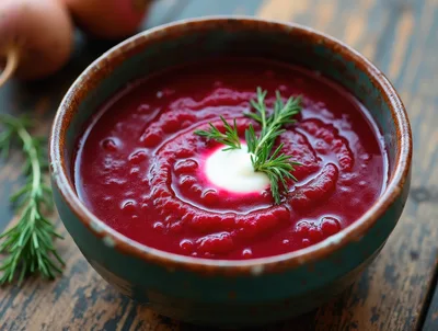 Bowl Of Beetroot Soup With Sour Cream And Dill