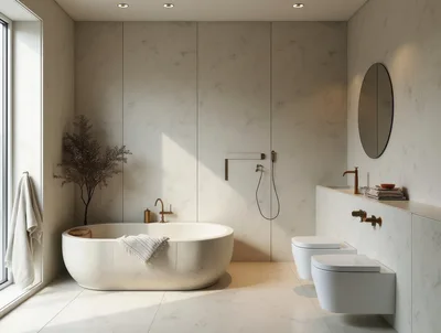 Modern Minimalist Bathroom Interior With Freestanding Bathtub