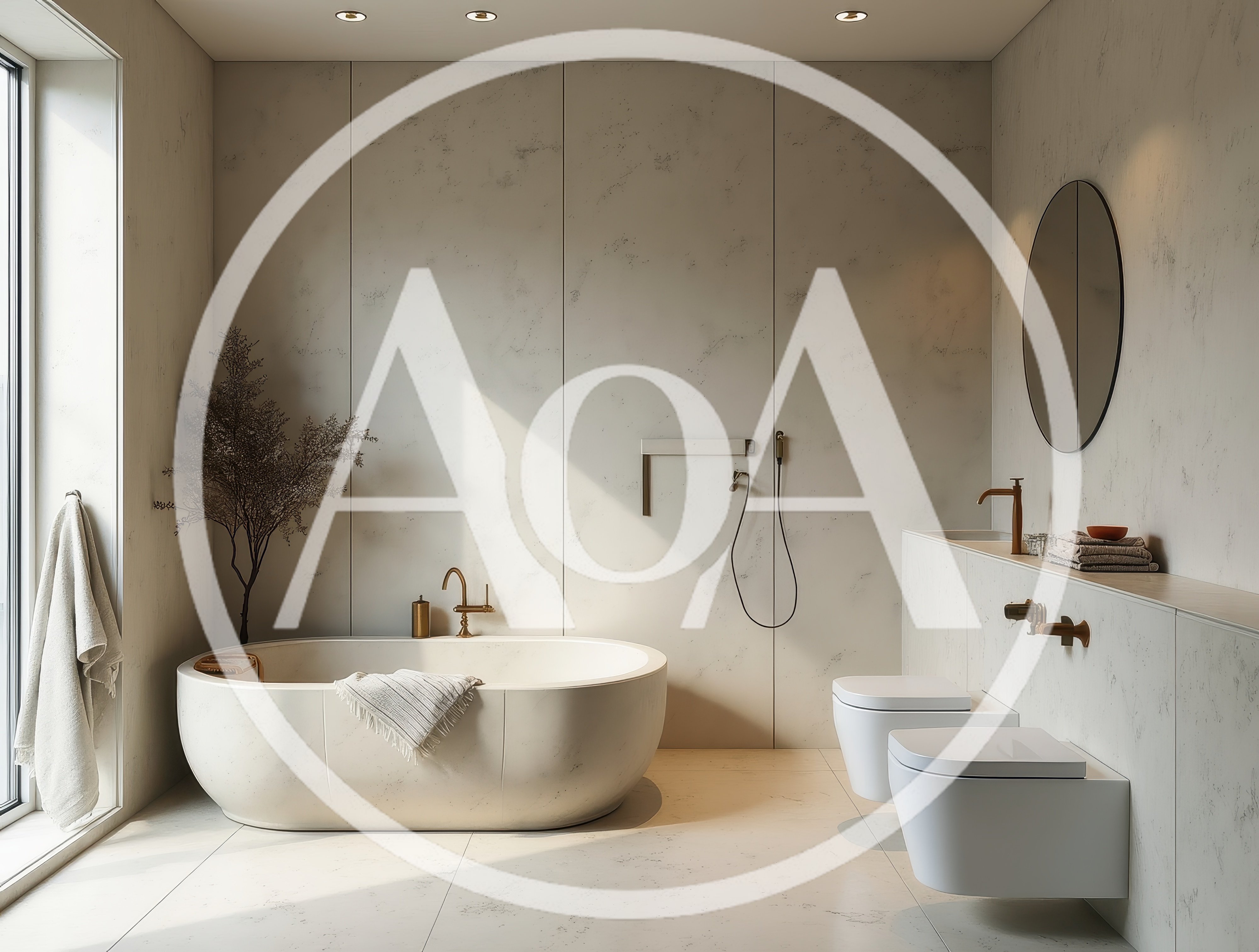 Modern Minimalist Bathroom Interior With Freestanding Bathtub