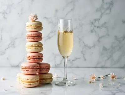 Stack of Pastel Macarons and Champagne Flute
