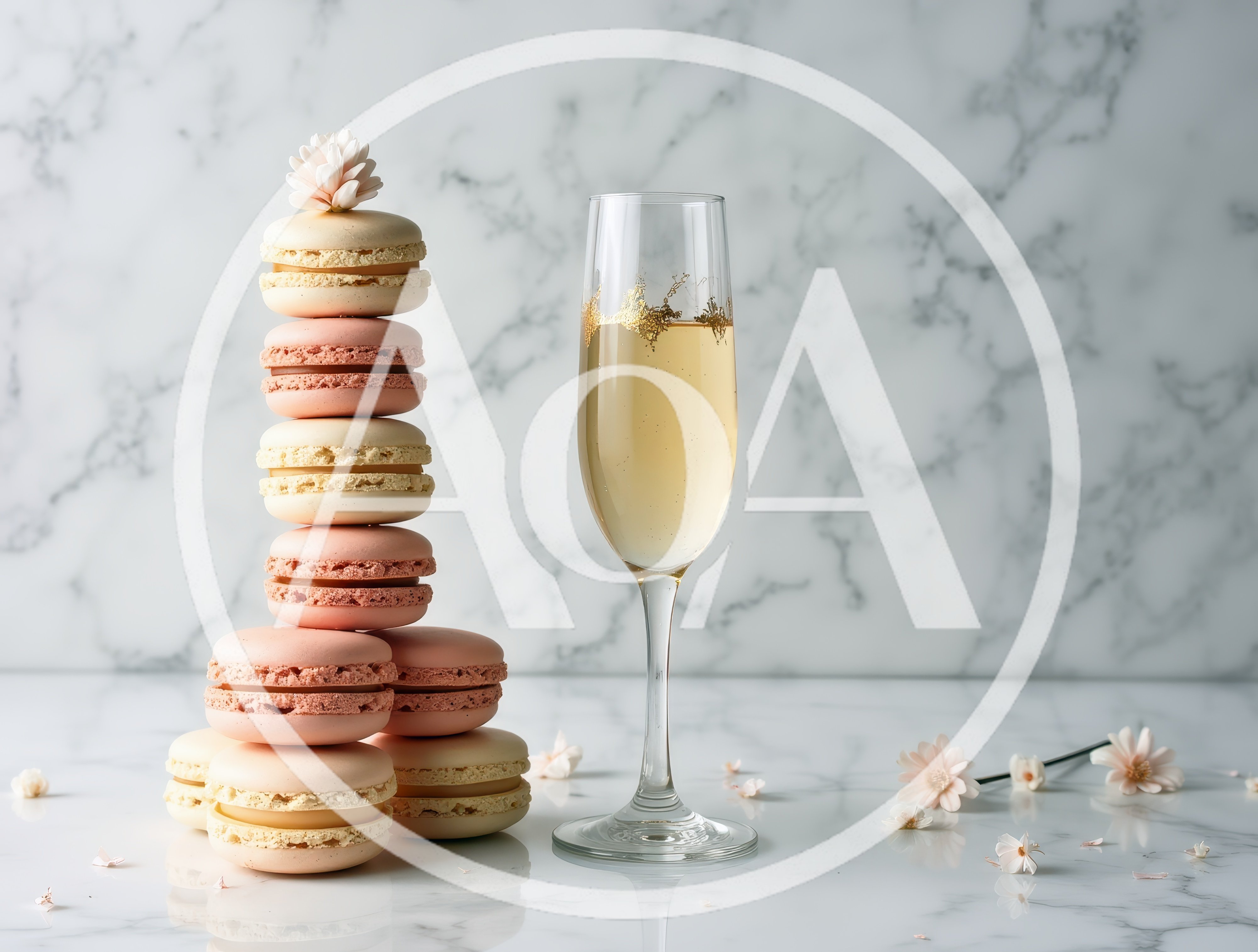Stack of Pastel Macarons and Champagne Flute