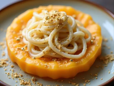 Gourmet Mango Noodle Dessert With Gold Flakes