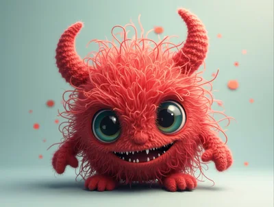 Cute Red Fuzzy Monster Character With Horns