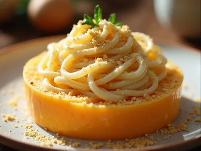 Spaghetti Nest Served On A Savory Yellow Gelatin Base