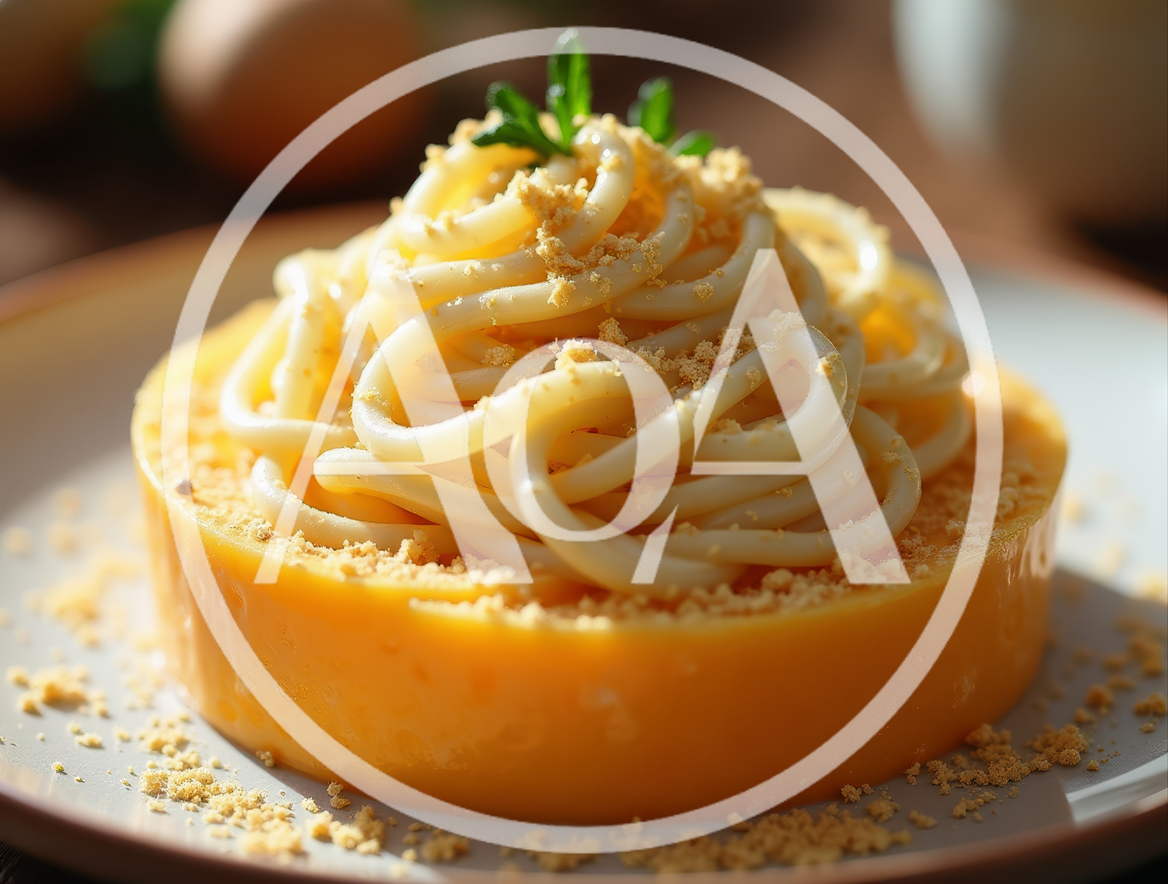 Spaghetti Nest Served On A Savory Yellow Gelatin Base