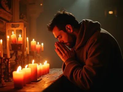 Man Praying With Hands Clasped Beside Lit Candles