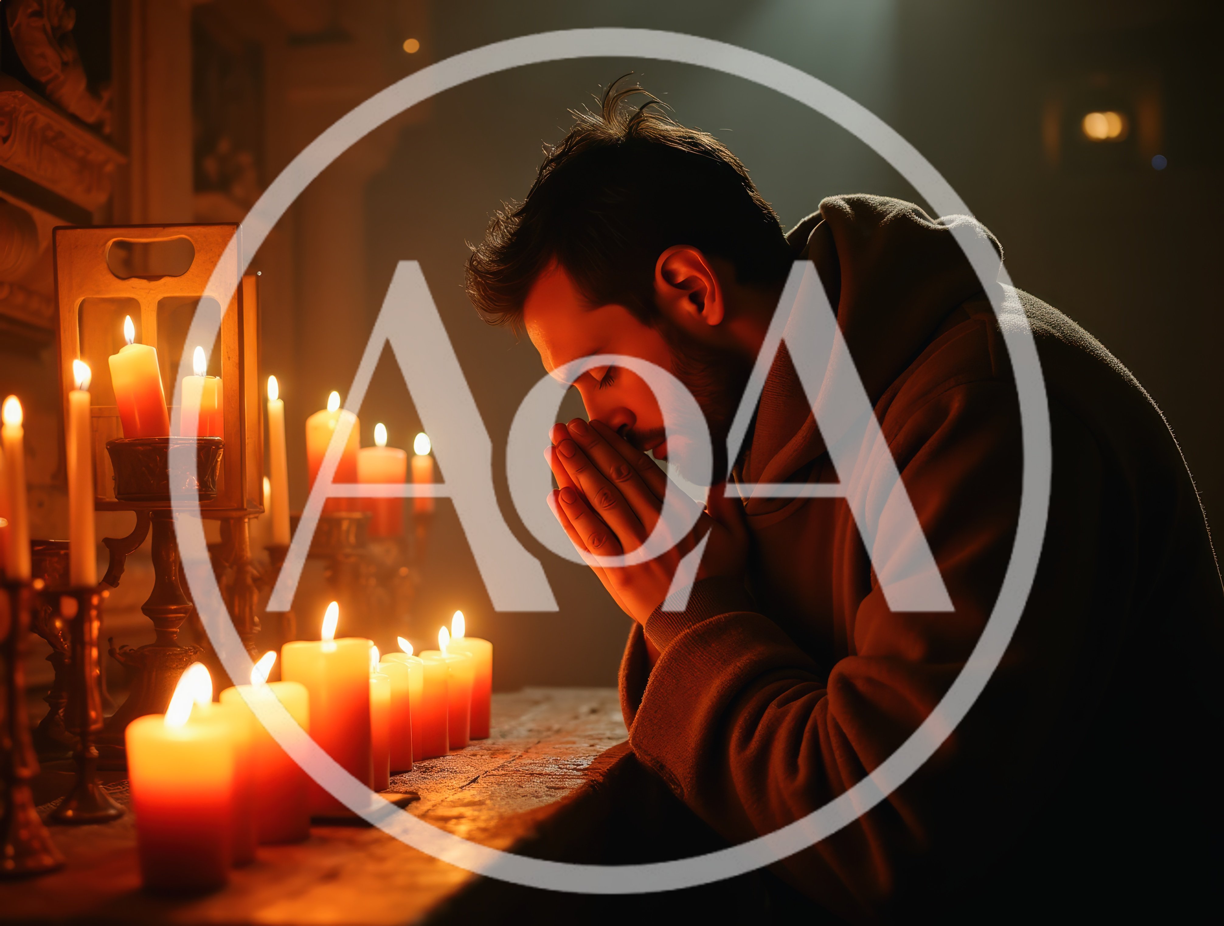 Man Praying With Hands Clasped Beside Lit Candles