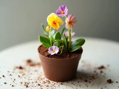Small Potted Flowers With Colorful Petals On Table