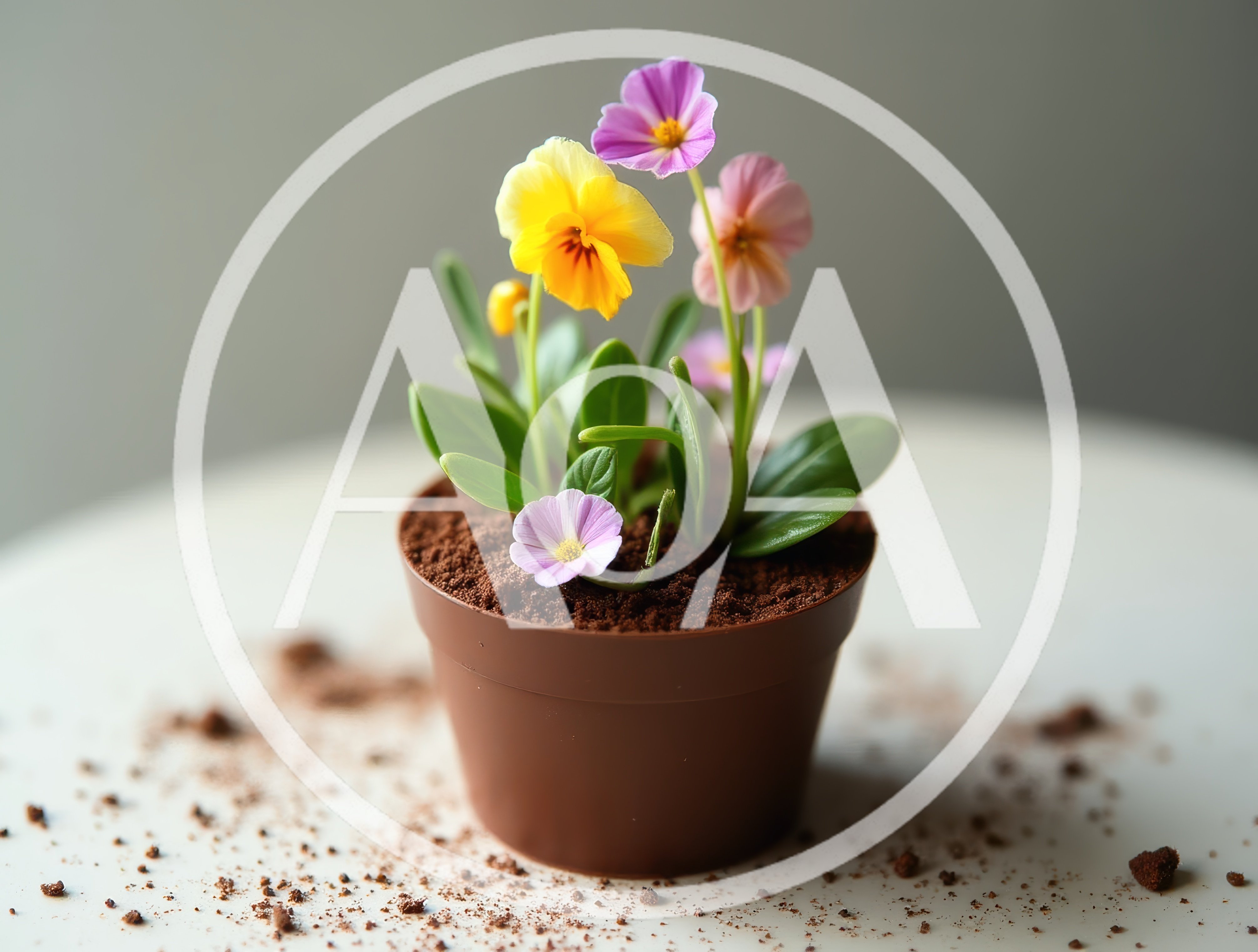 Small Potted Flowers With Colorful Petals On Table