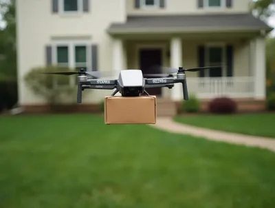Delivery Drone Carrying Package Above Residential Lawn