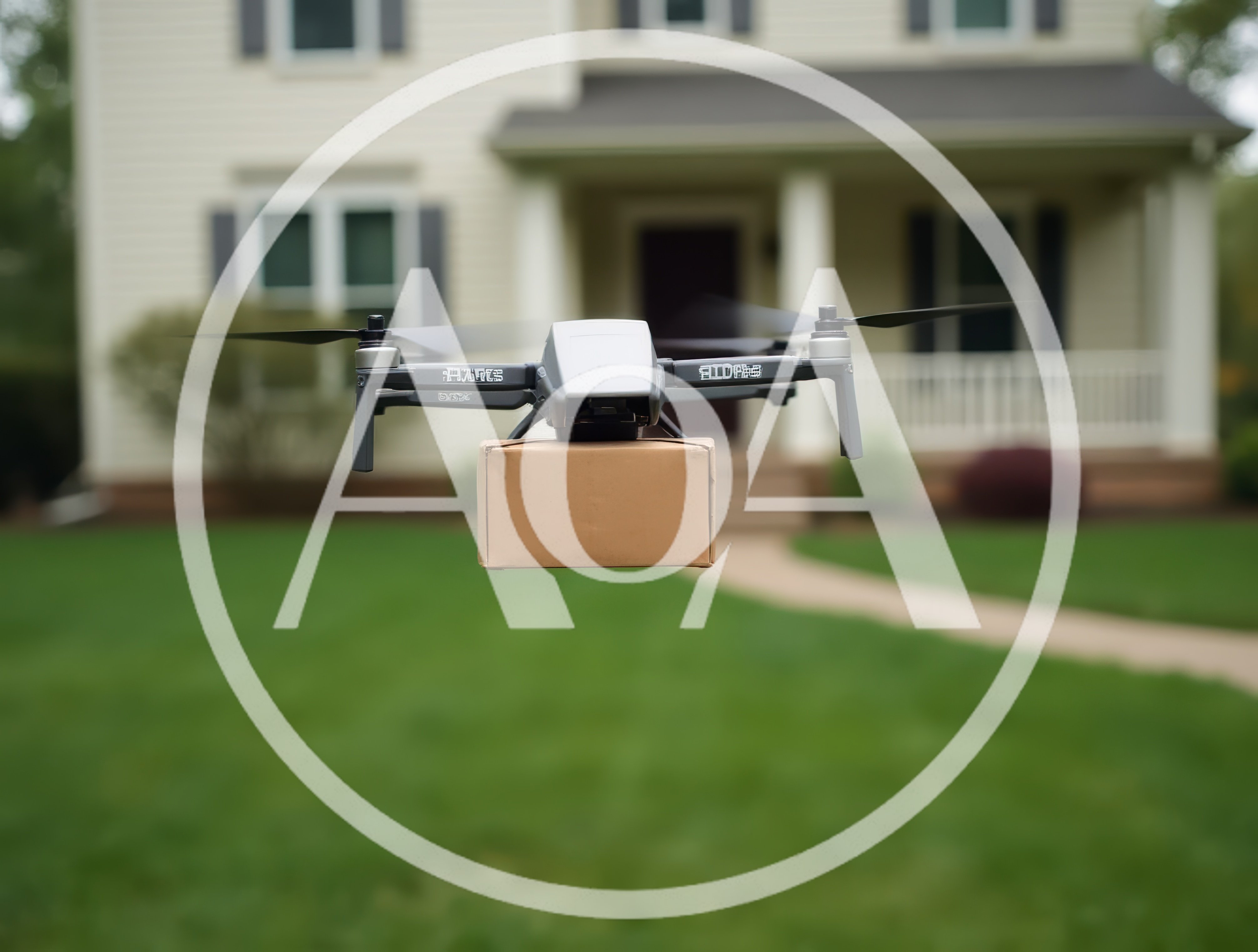 Delivery Drone Carrying Package Above Residential Lawn