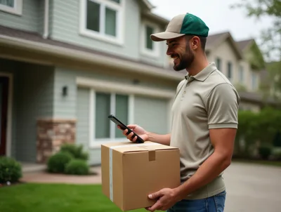 Delivery Driver Holding Package And Smartphone Outside House