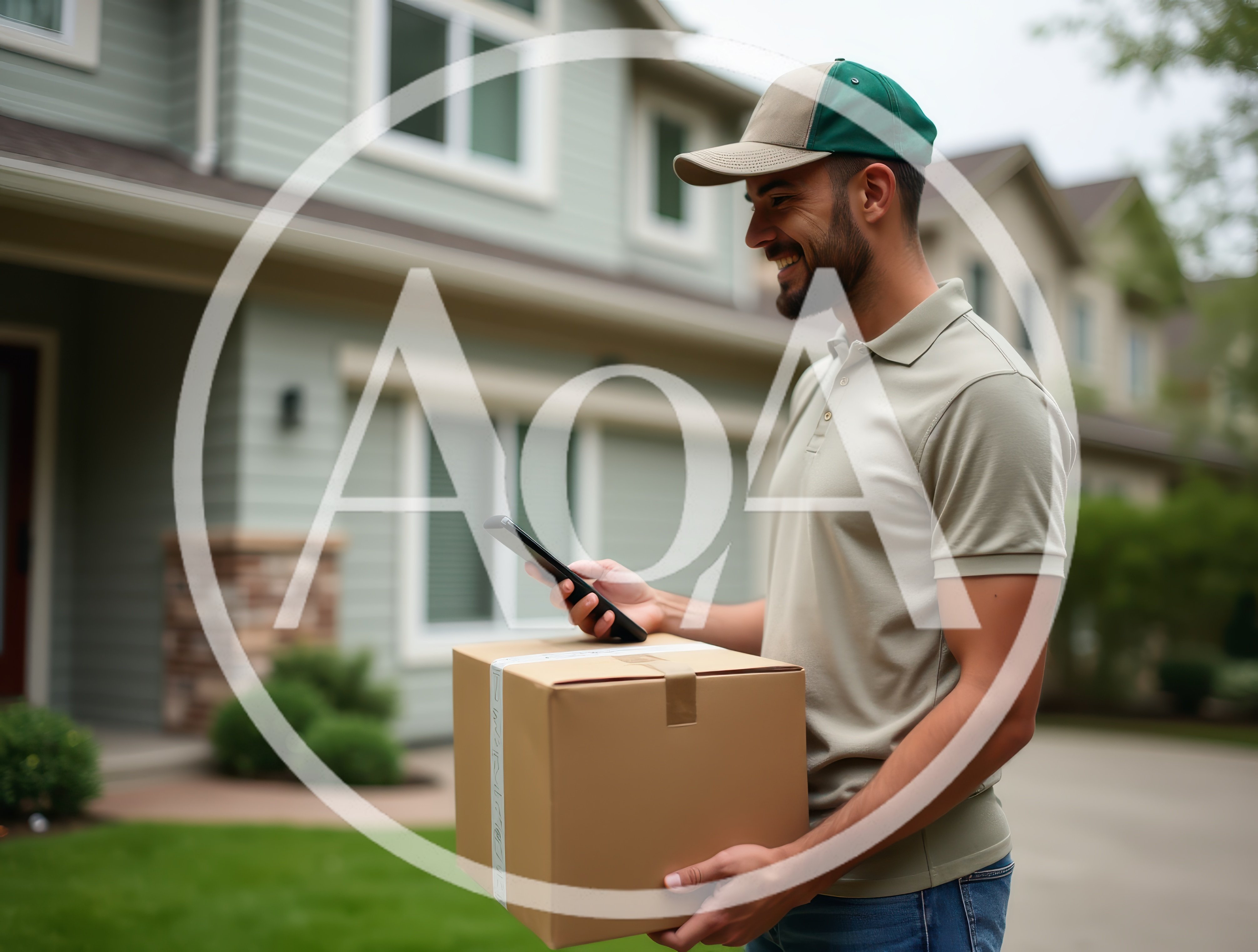 Delivery Driver Holding Package And Smartphone Outside House