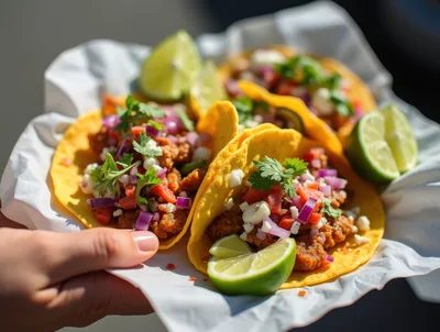 Hand Holding Fresh Street Tacos With Lime