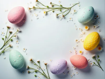 Easter Eggs Arranged With Spring Flowers On White Background