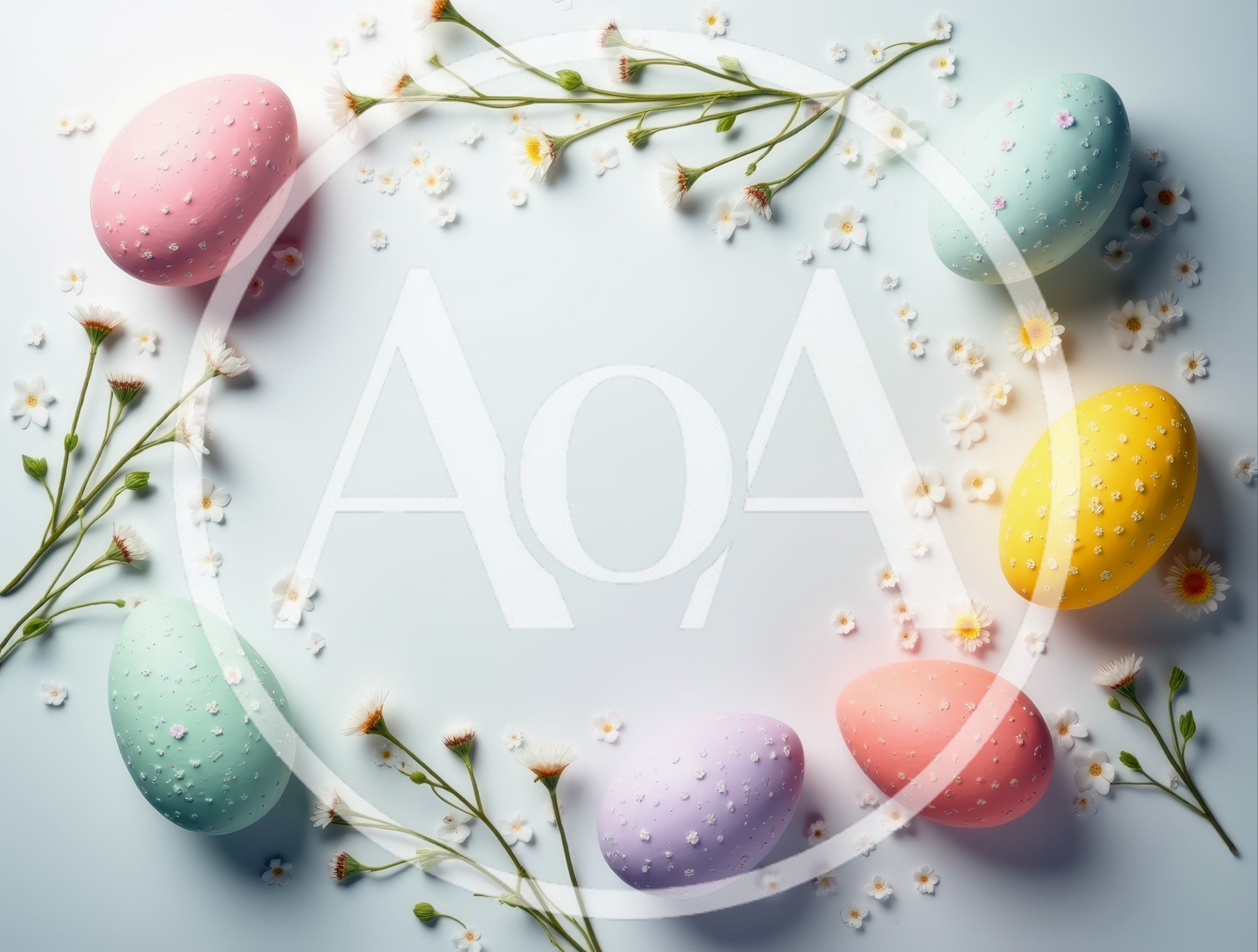 Easter Eggs Arranged With Spring Flowers On White Background