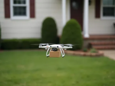 Delivery Drone Carrying Package Over Residential Lawn