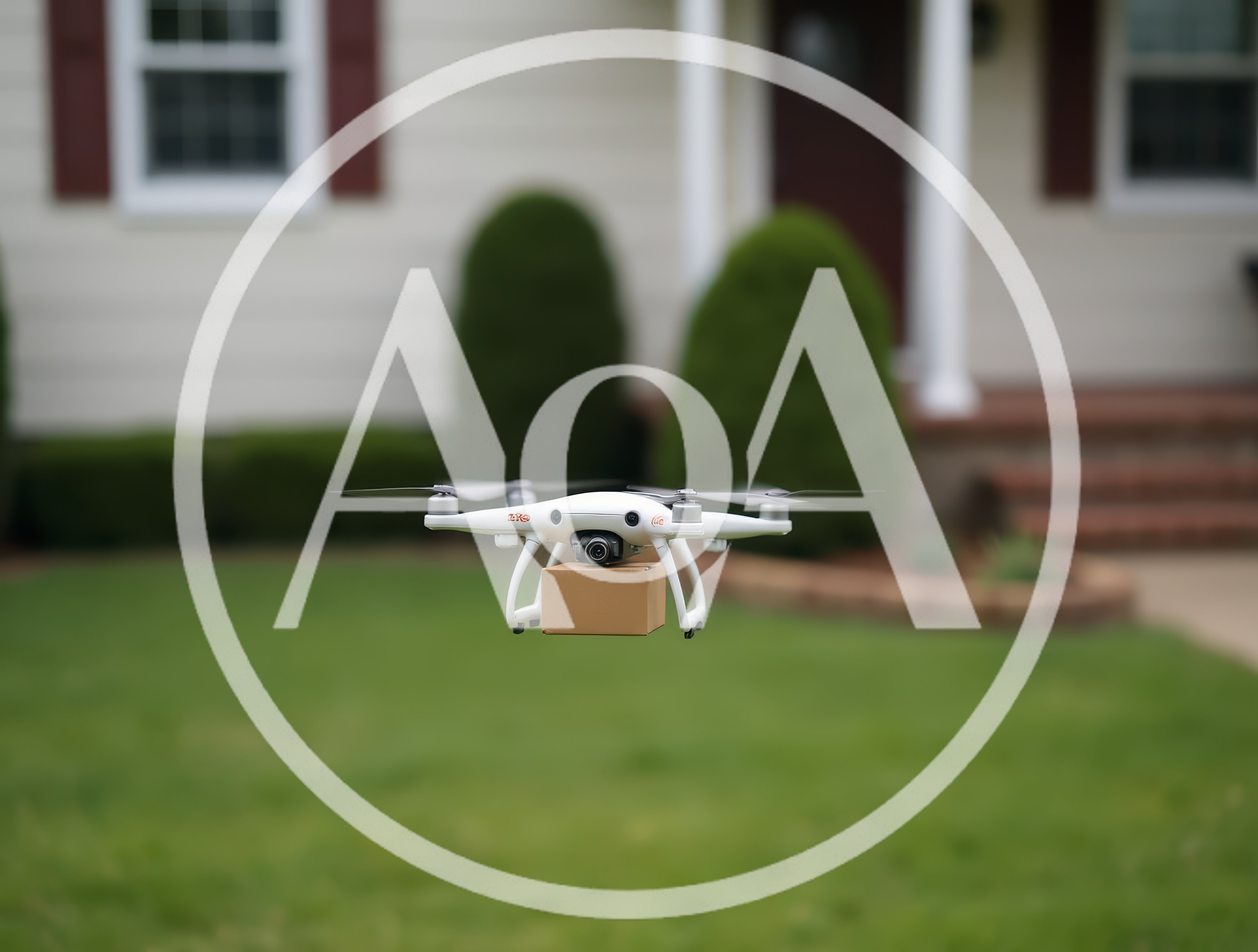 Delivery Drone Carrying Package Over Residential Lawn