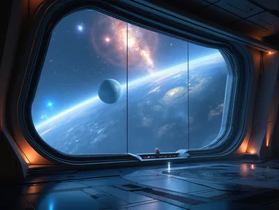 Futuristic Spaceship Observation Deck Overlooking A Distant Planet