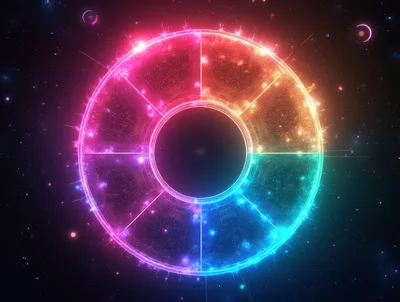 Glowing Neon Circular Zodiac Wheel In Deep Space