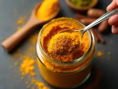 Hand Holding Spoonful Of Turmeric Powder Over Glass Jar