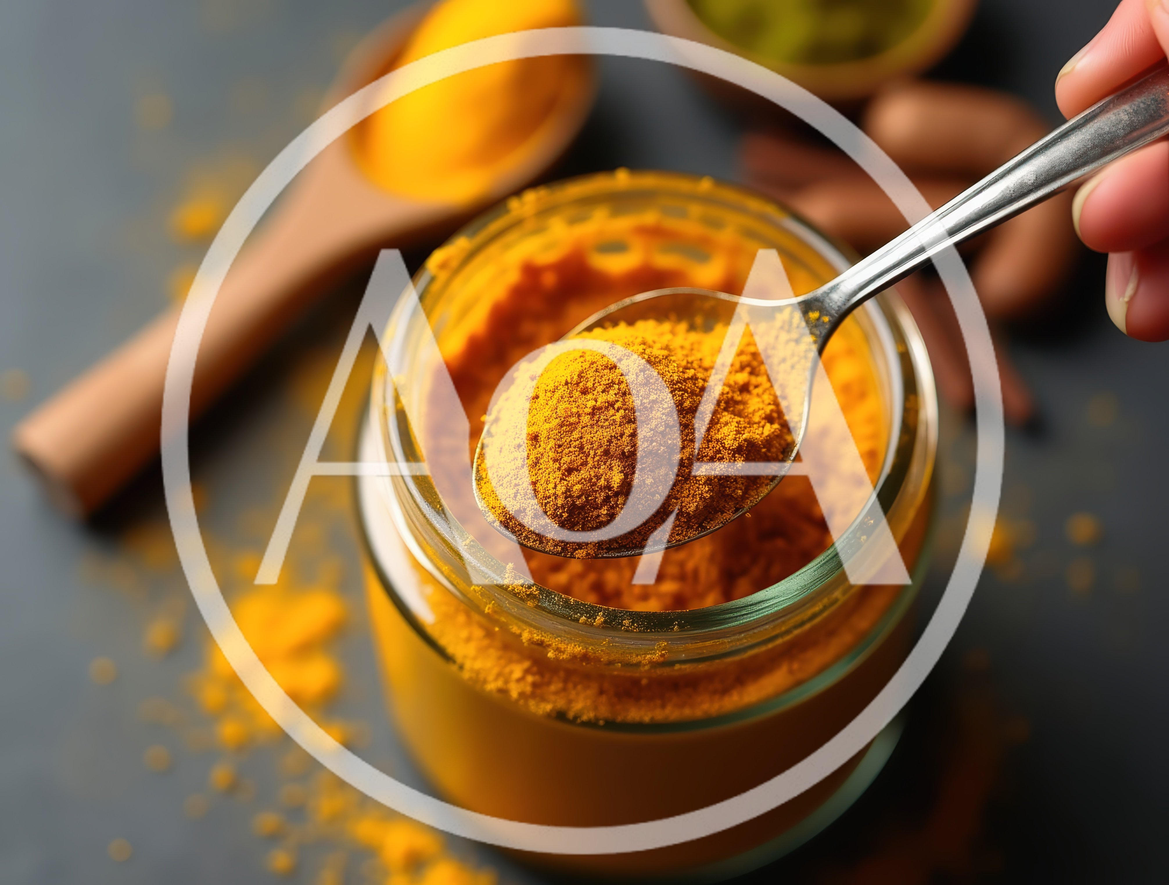 Hand Holding Spoonful Of Turmeric Powder Over Glass Jar