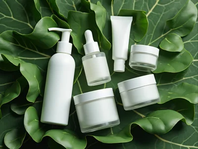 Skincare Product Collection On Tropical Green Leaves