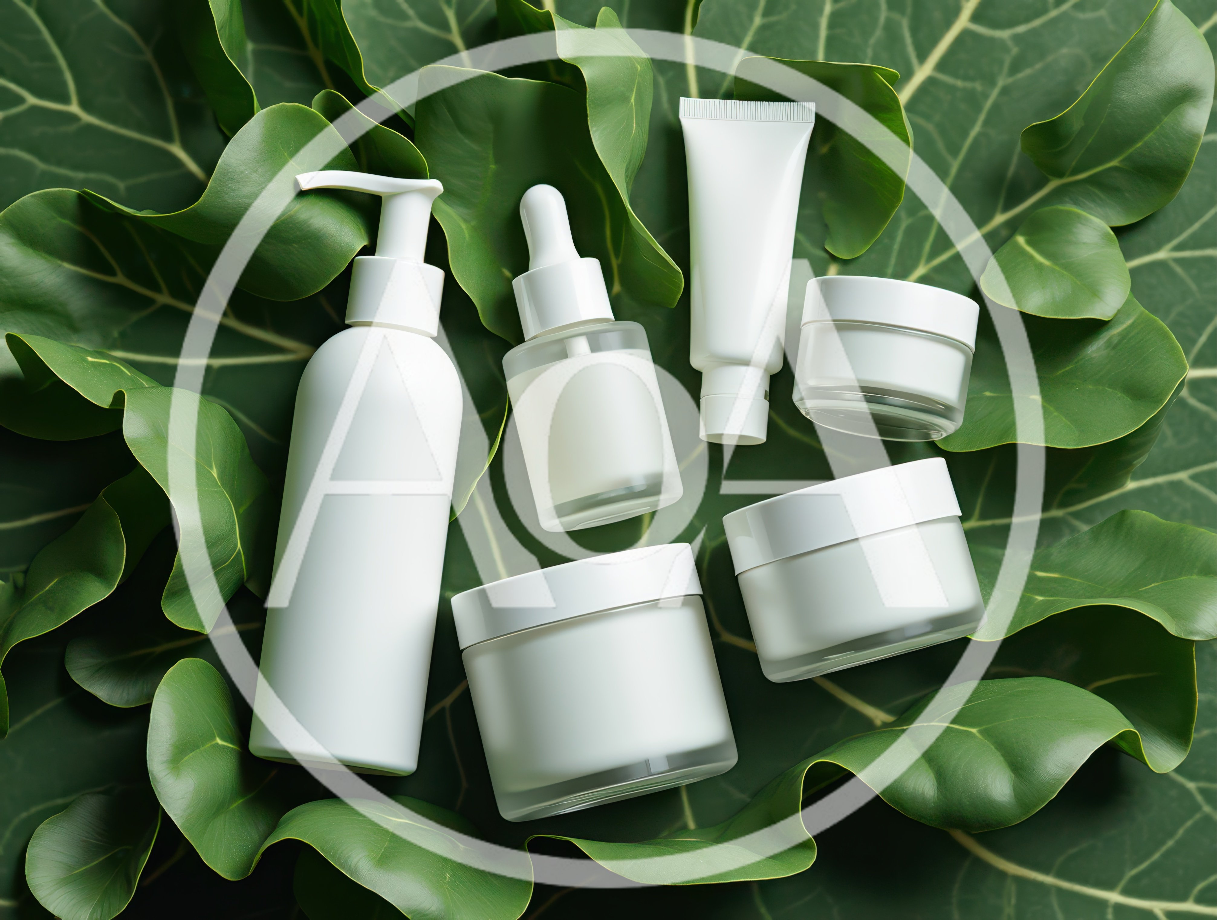 Skincare Product Collection On Tropical Green Leaves