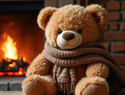 Fluffy Teddy Bear Wearing A Scarf By A Fireplace