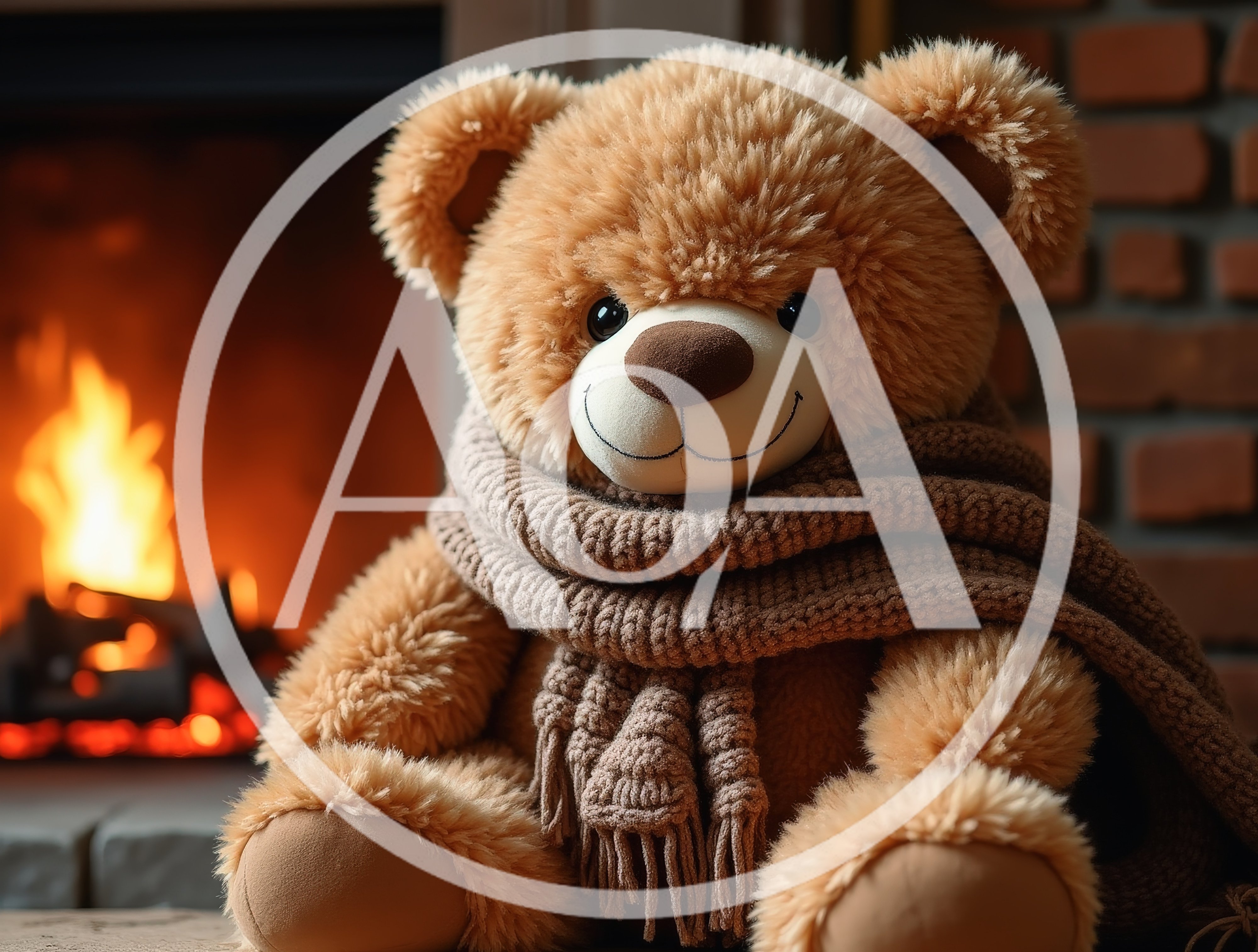 Fluffy Teddy Bear Wearing A Scarf By A Fireplace