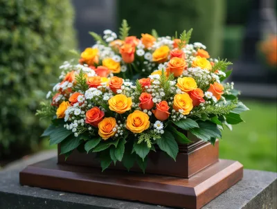 Funeral Flower Arrangement On A Wooden Pedestal