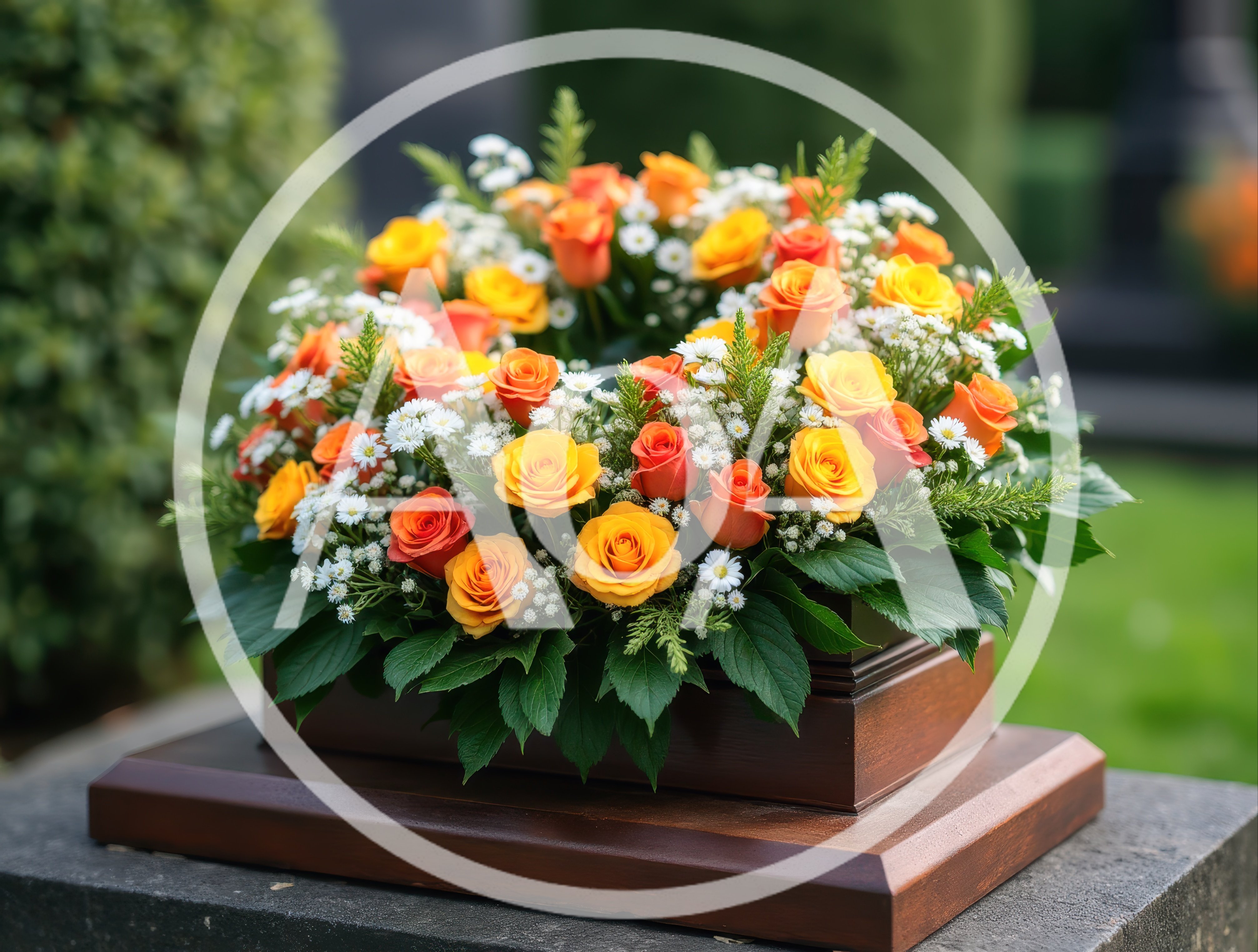 Funeral Flower Arrangement On A Wooden Pedestal