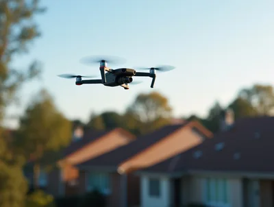 Modern Drone Flying Over Suburban Residential Neighborhood