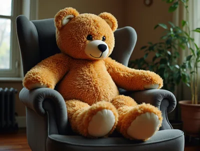 Large Fluffy Teddy Bear Sitting In A Gray Armchair