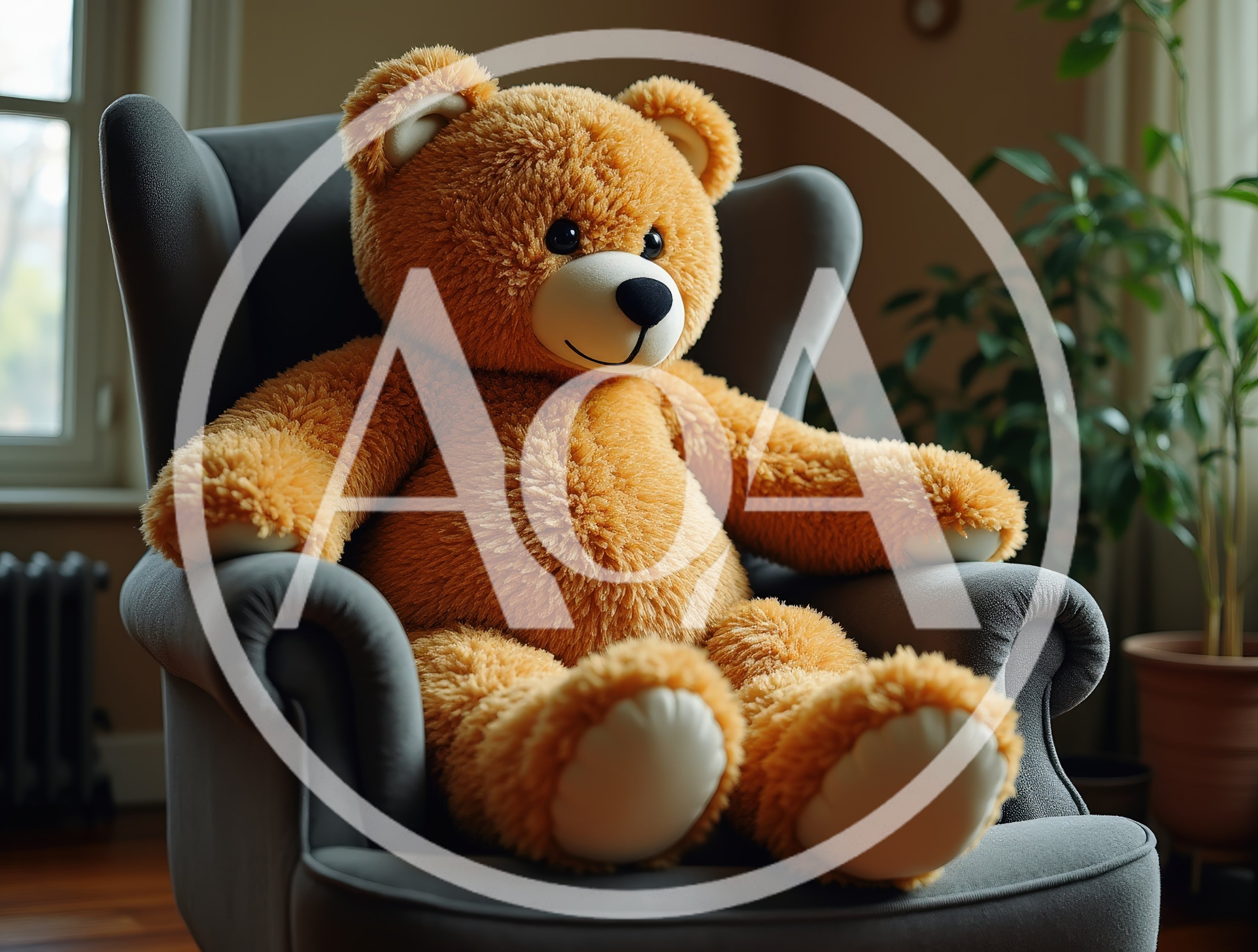 Large Fluffy Teddy Bear Sitting In A Gray Armchair