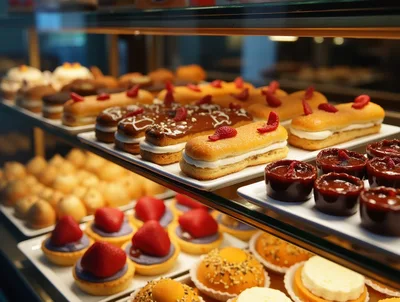 Assorted Gourmet Pastries Displayed In A Bakery Showcase