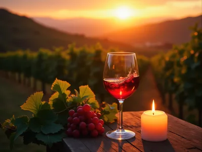 Red Wine Glass and Grapes at Sunset Vineyard