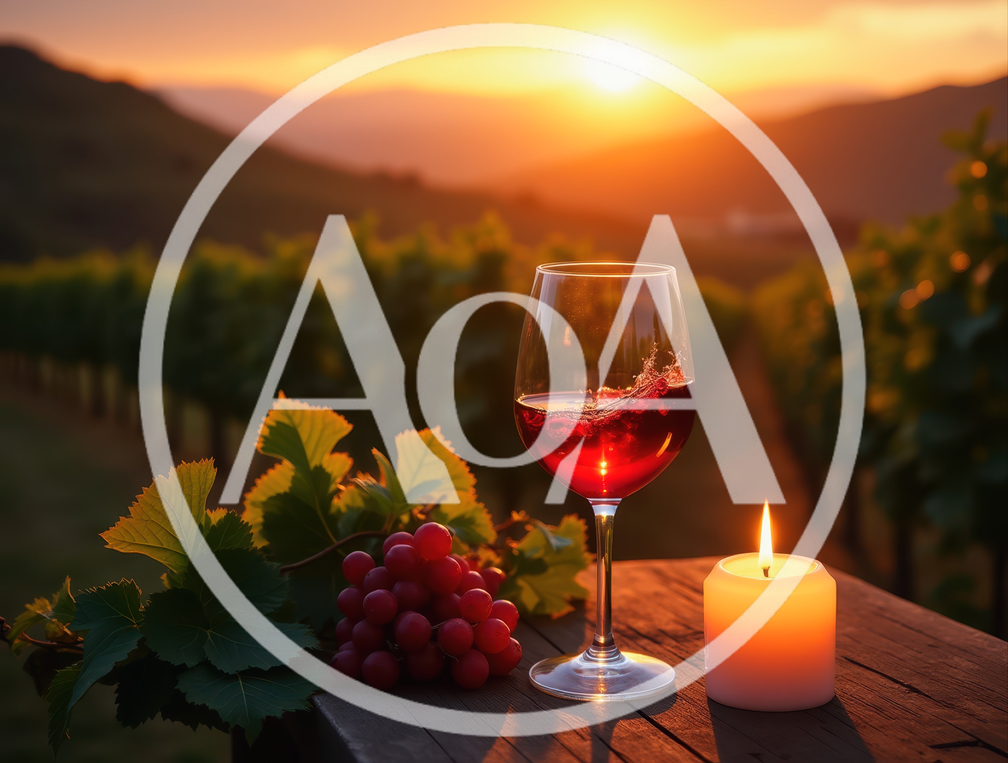 Red Wine Glass and Grapes at Sunset Vineyard
