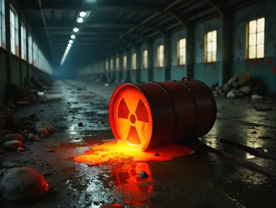 Leaking Radioactive Waste Barrel In Abandoned Industrial Warehouse