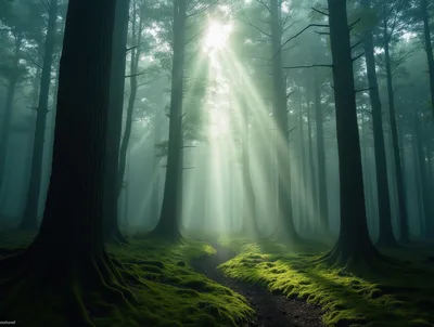 Sunlight Beams Through Foggy Mossy Forest