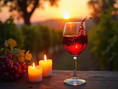 Red Wine Splashing In Glass At Sunset Vineyard