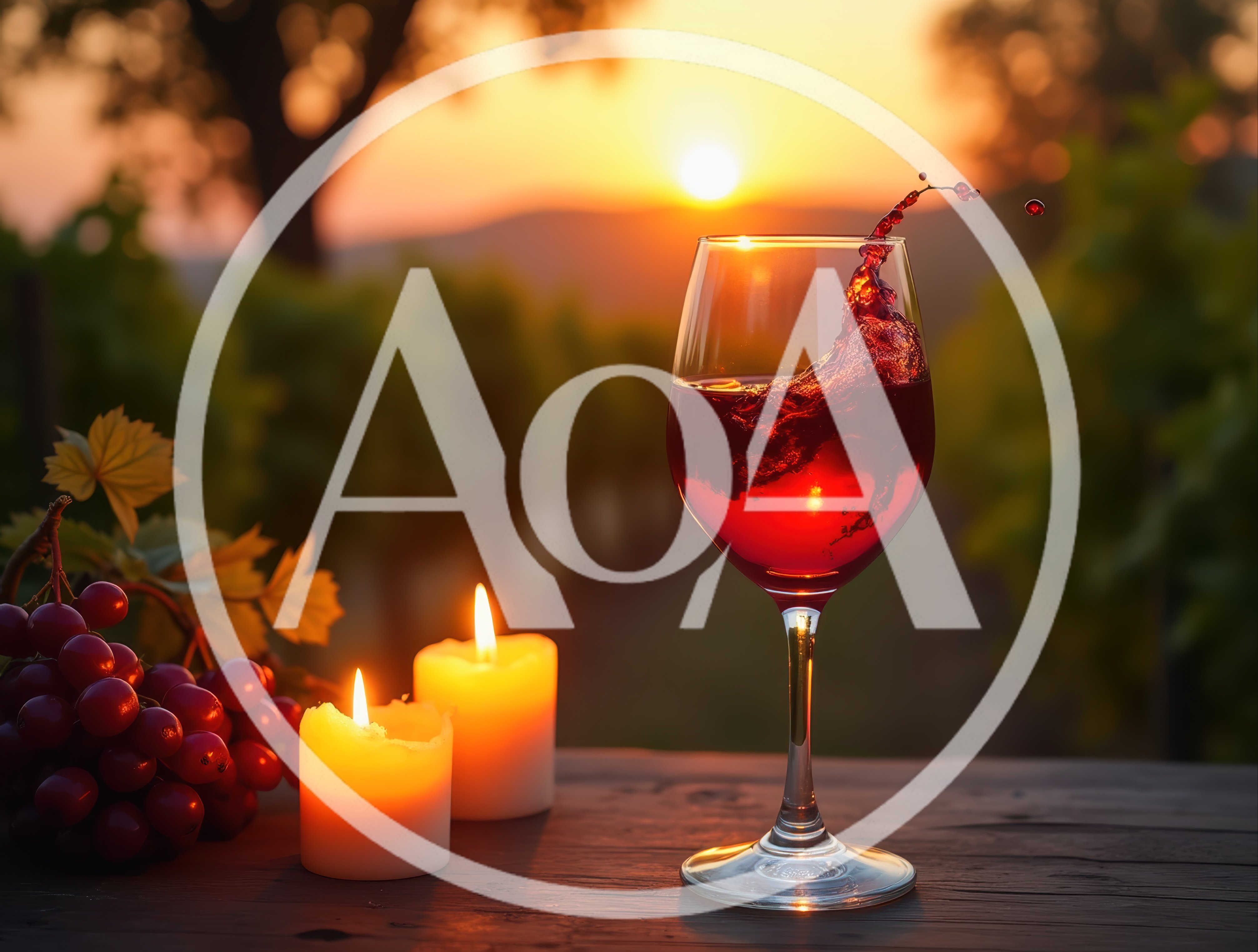 Red Wine Splashing In Glass At Sunset Vineyard