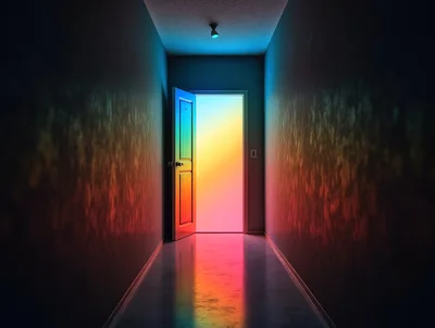 Open Doorway With Vibrant Rainbow Light In Dark Hallway